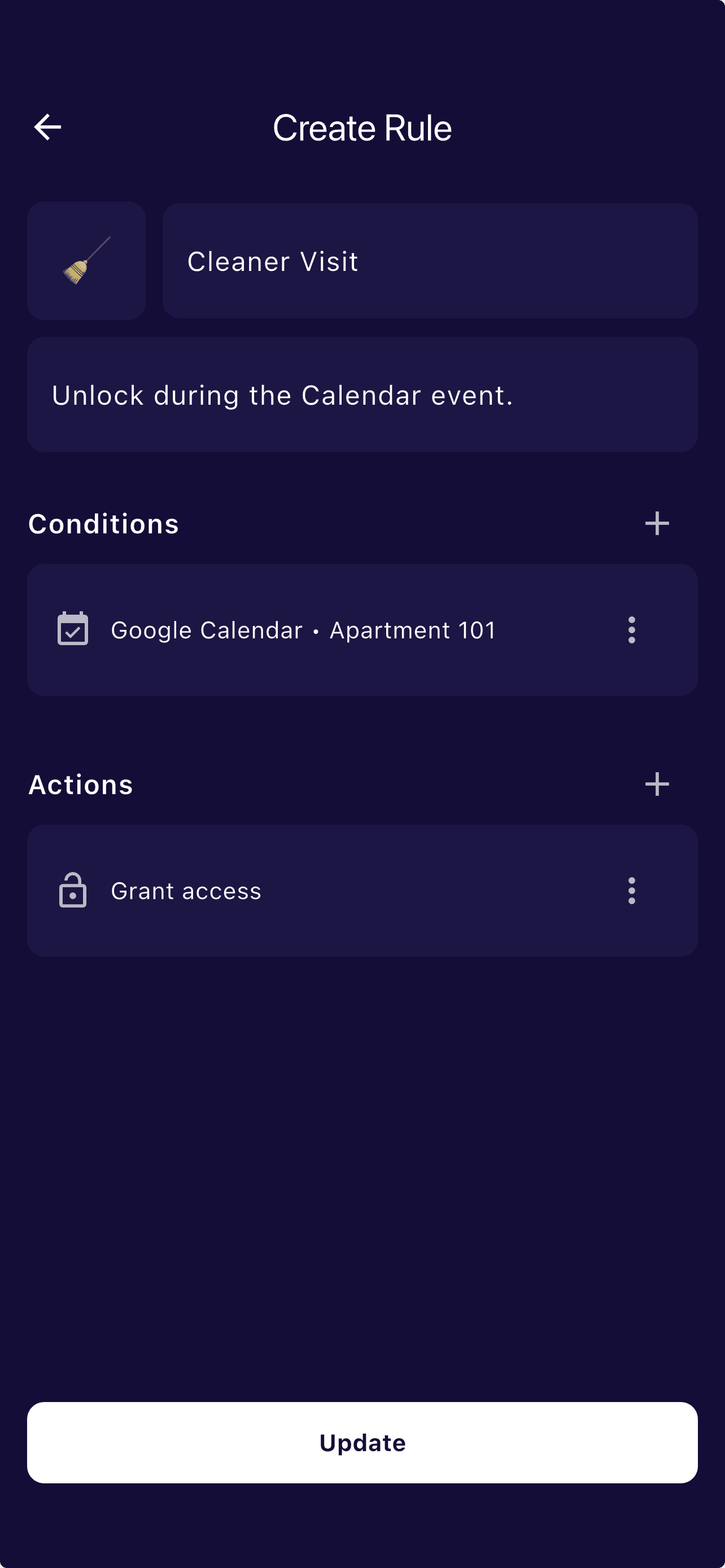 Cleaner Visit rule with a Google Calendar condition linked to Apartment 101 and Grant access action