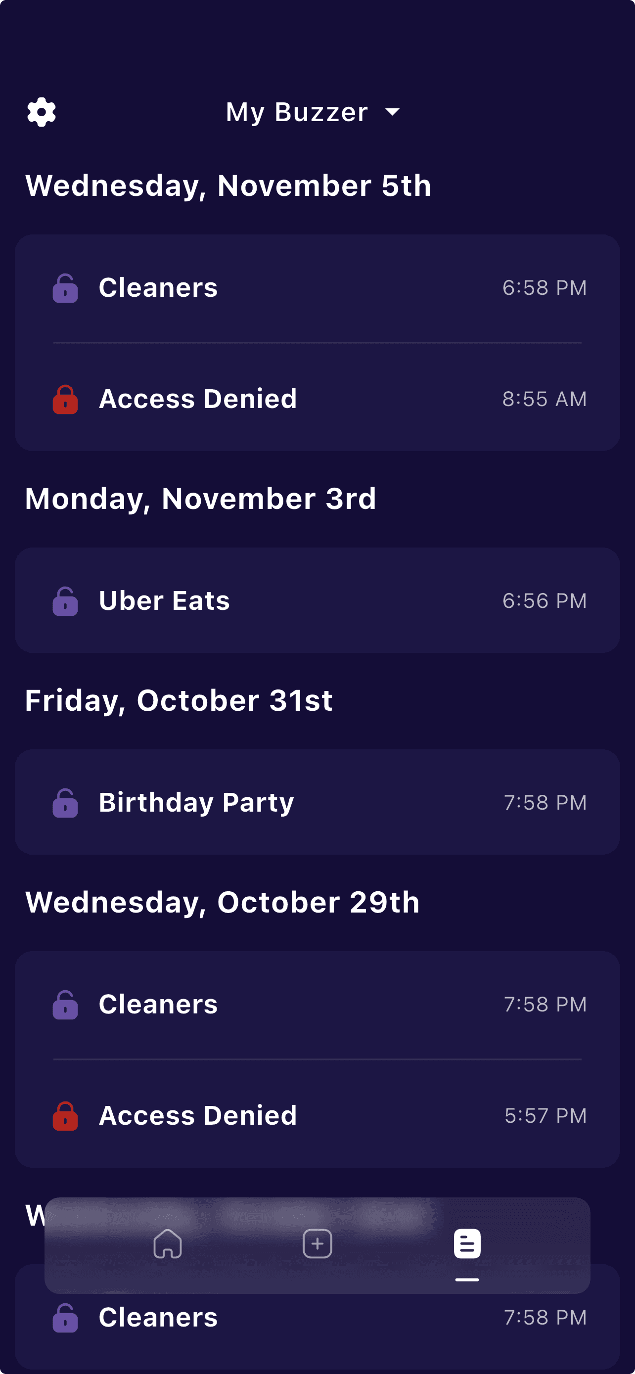 Protobuzz access history showing successful entries and denied attempts with dates and times