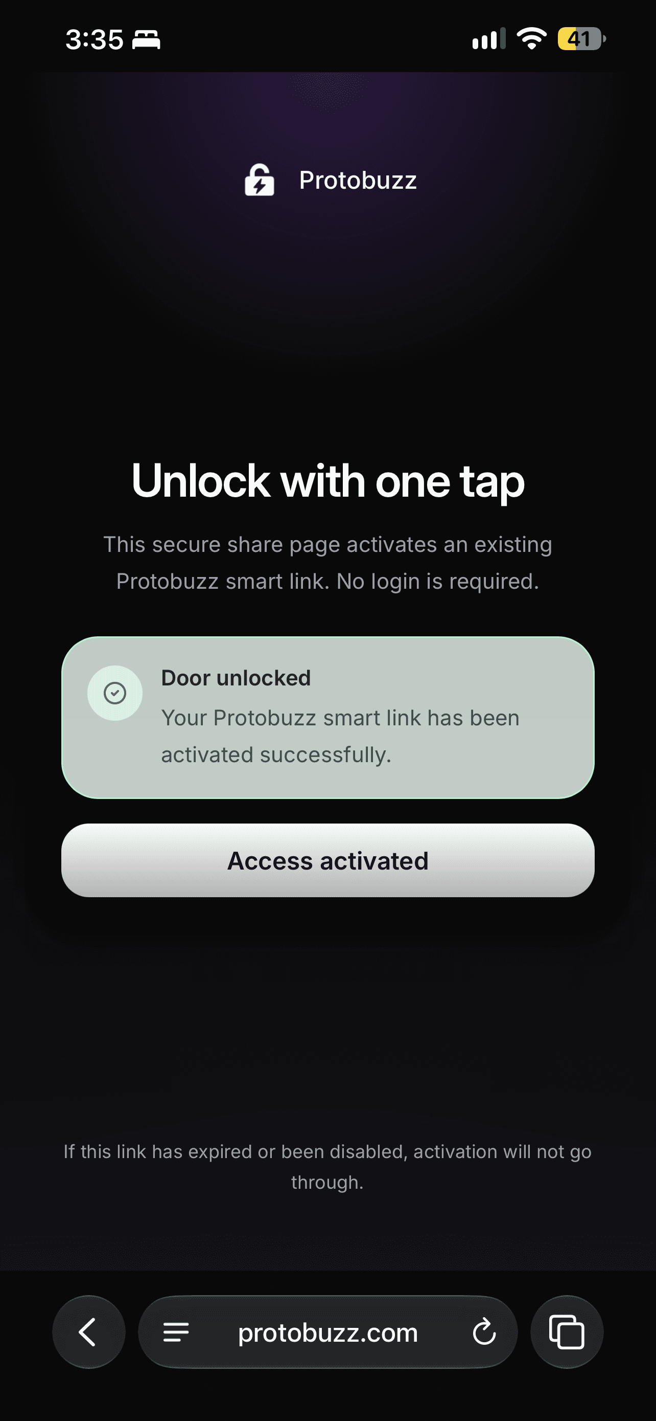 Protobuzz Smart Link page showing Door unlocked and Access activated after tapping