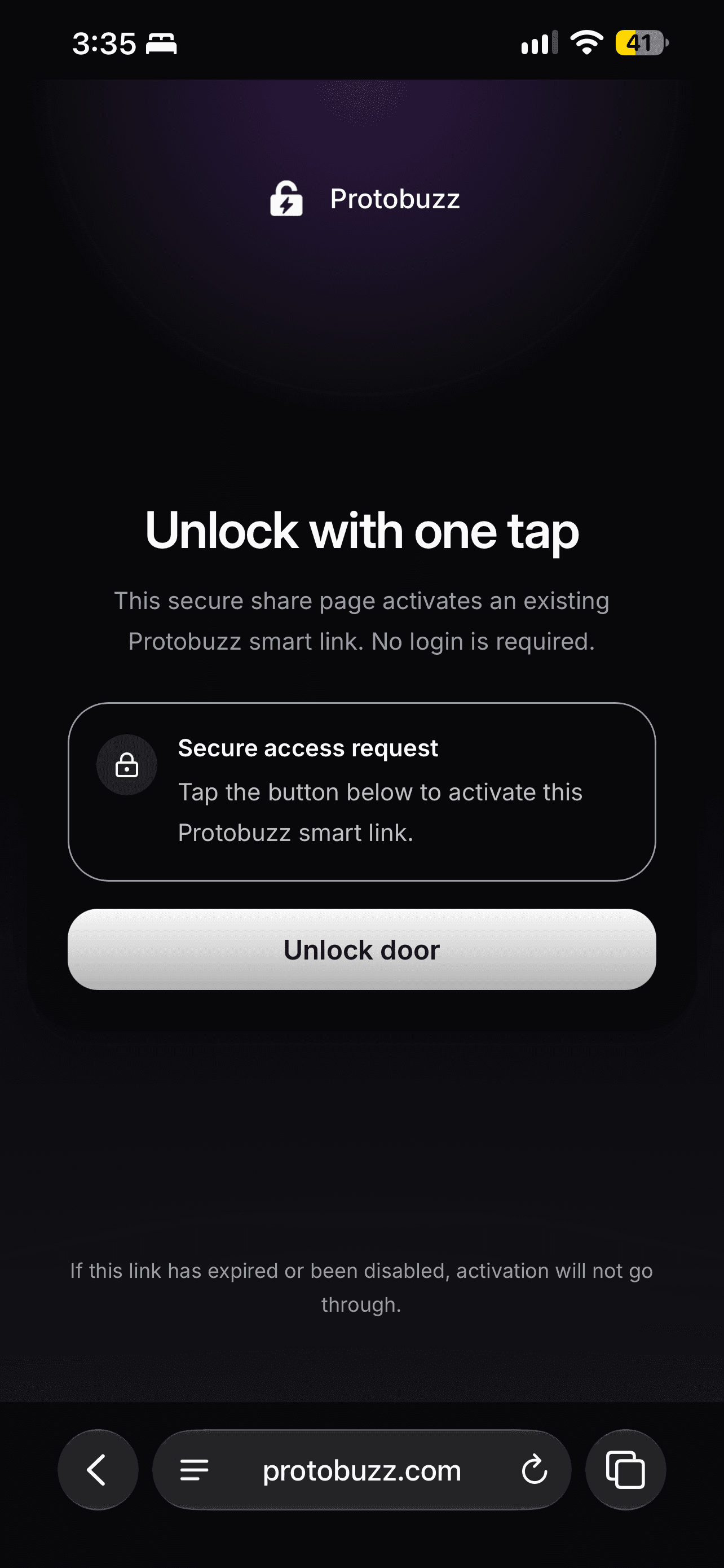 Protobuzz Smart Link page waiting for someone to tap Unlock door in their browser