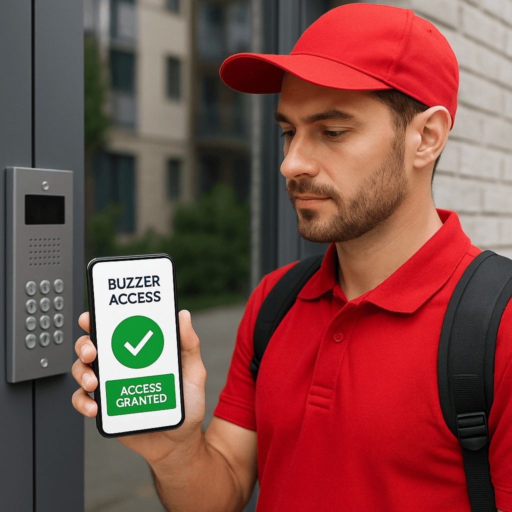 Illustration of a courier receiving buzzer access via smartphone