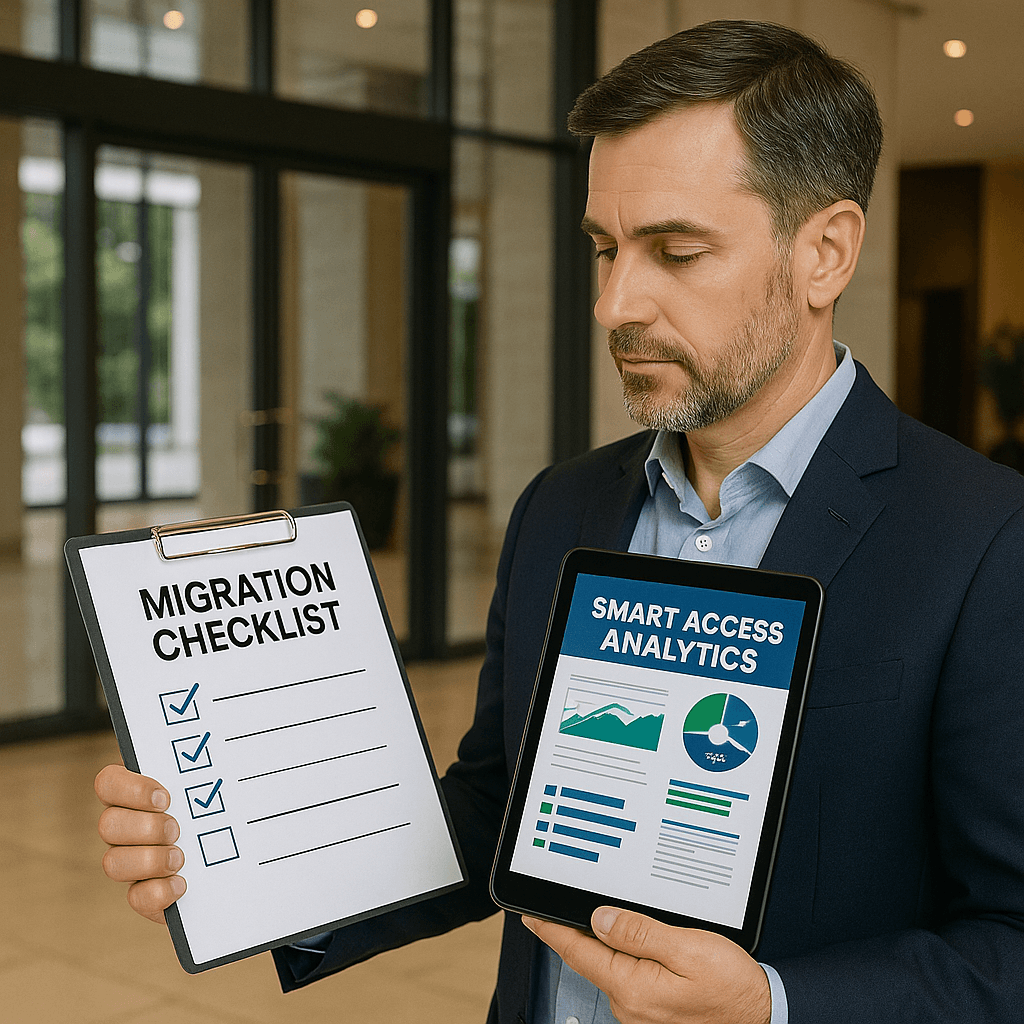 Property manager reviewing a smart buzzer rollout plan