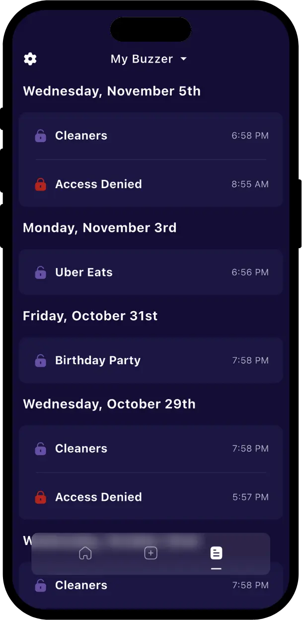 Protobuzz notification feed showing recent buzzer events