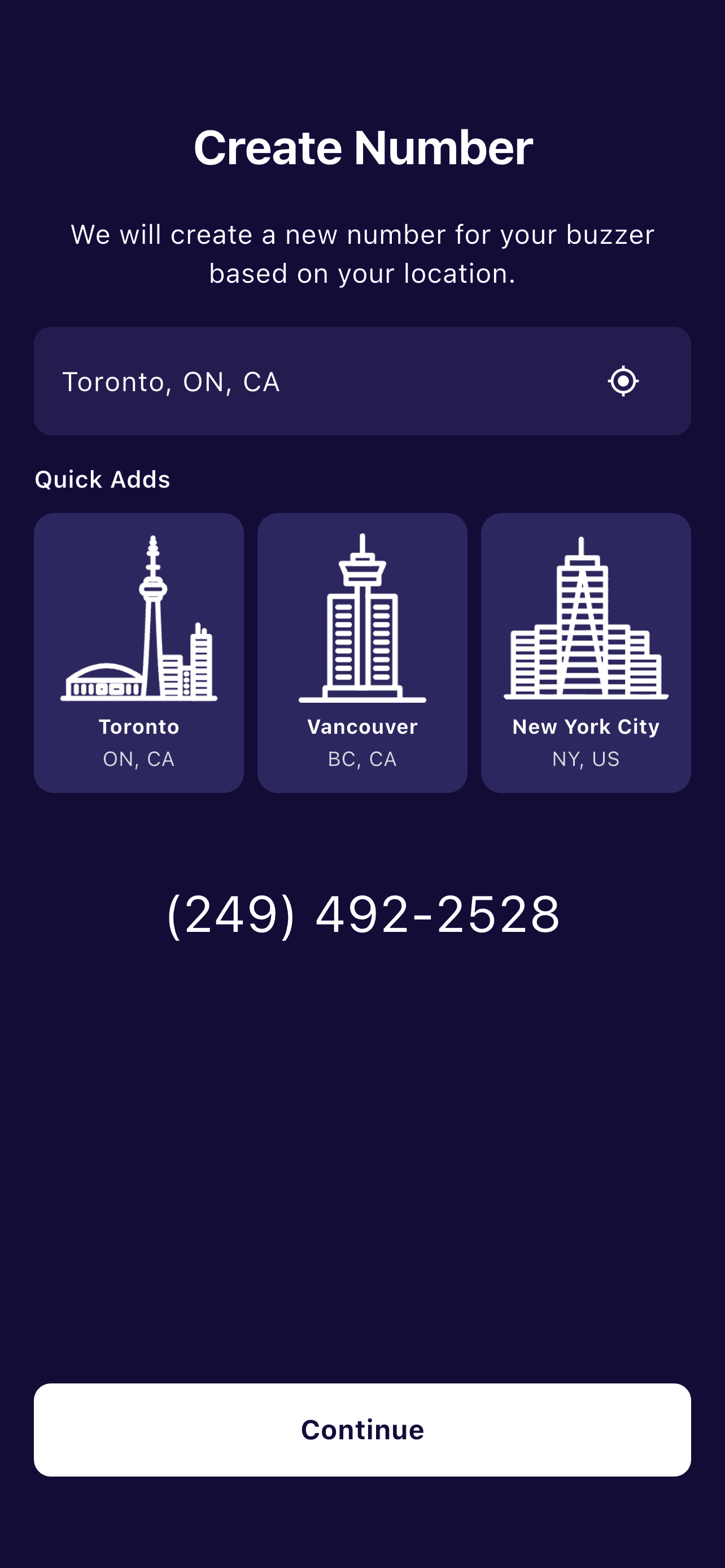 Protobuzz Create Number screen with location selection and an assigned buzzer number