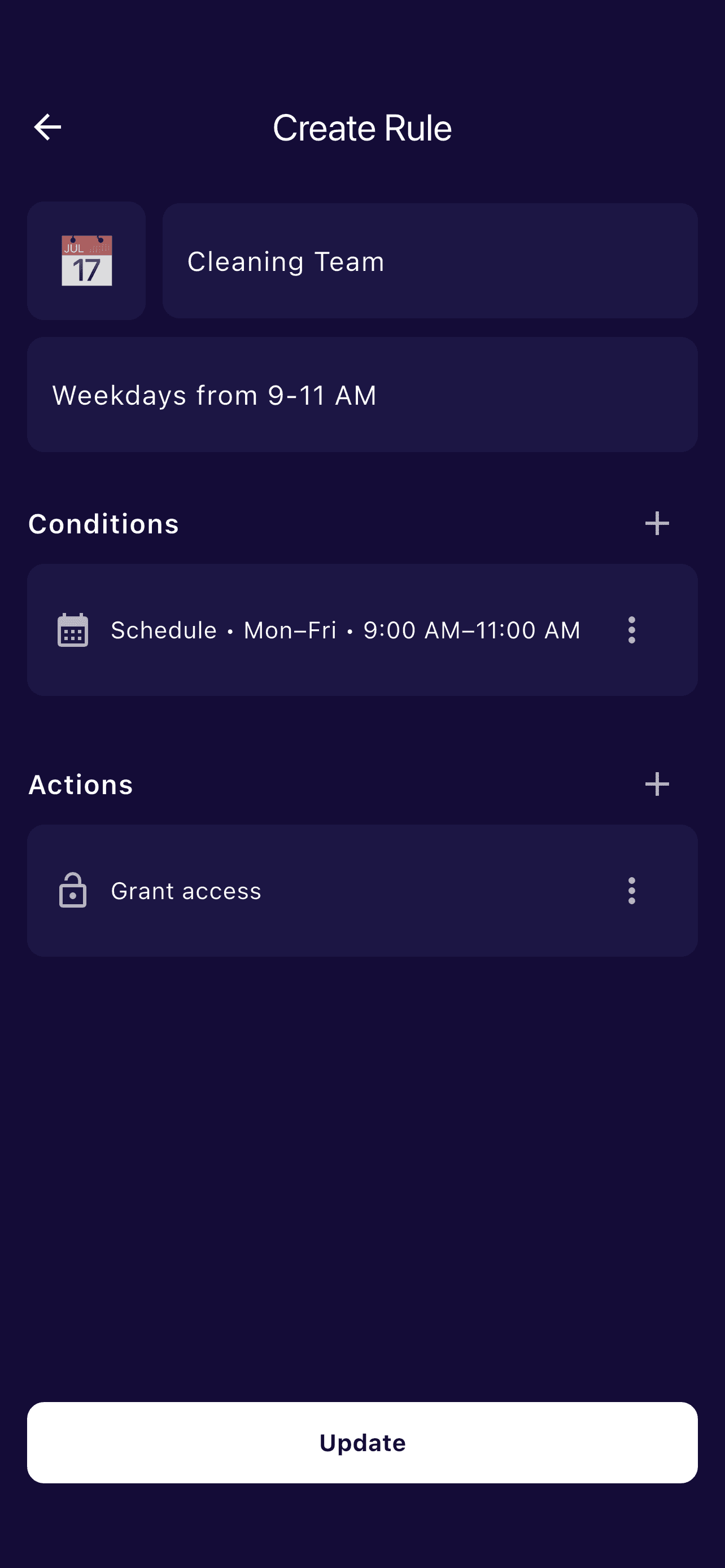 Cleaning Team access rule with a weekday schedule and Grant access action