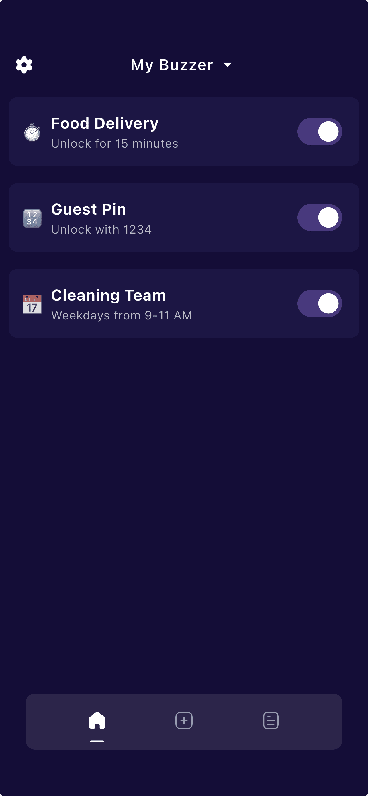 Protobuzz dashboard with food delivery access, a guest PIN, and a weekday cleaning schedule